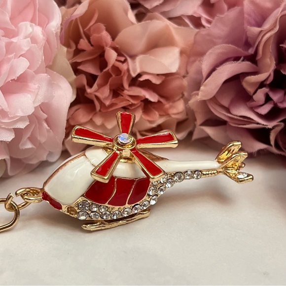 Whimsical Red and White Crystal Helicopter Keychain Charm - Picture 2 of 16